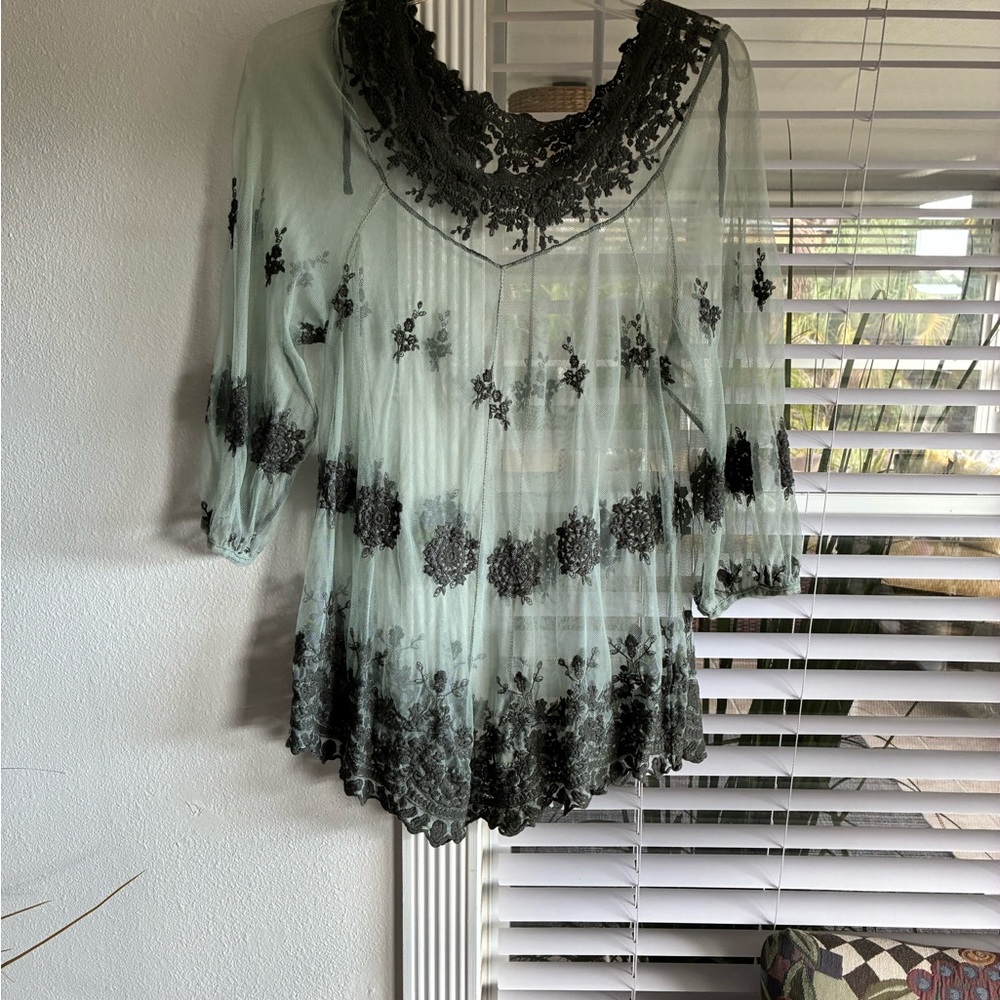 XCVI Mint Green Tunic with Black Lace Embroidery